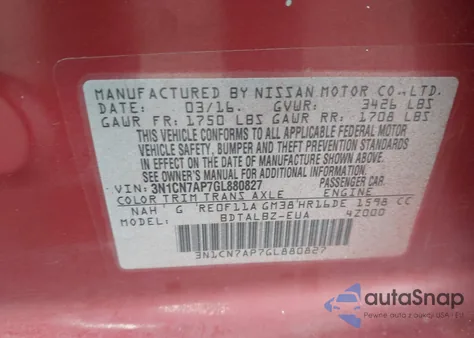 2016 Nissan Versa 1.6 S/1.6 S+/1.6 Sl/1.6 Sv из США, поврежденный, VIN 3N1CN7AP7GL880827